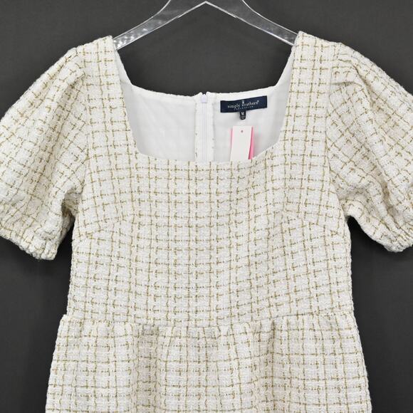 Simply Southern Tweed Puff Sleeve Dress Size M Square Neck Tiered Ivory Gold NEW - Picture 9 of 12